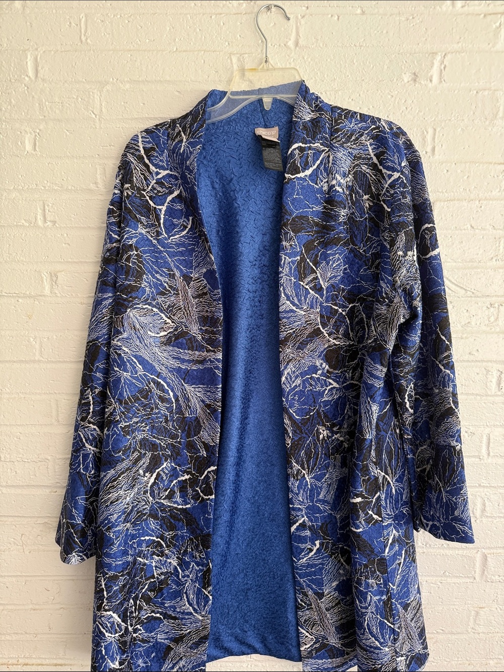 Chico's Blue and Black Abstract Open-Front Cardigan